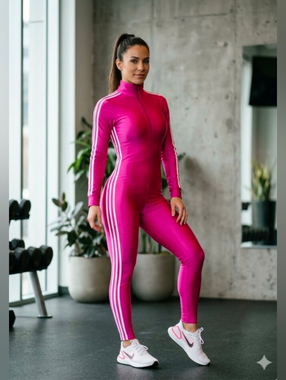 My Cherries Fuschia Pink Three Stripe Lycra Zip Turtleneck Jumpsuit Size Medium